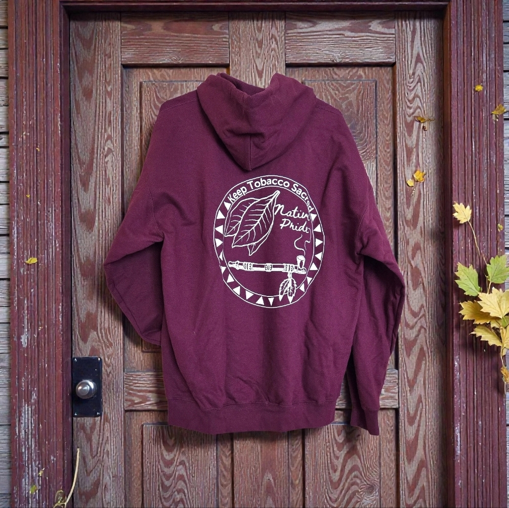 Burgundy Gildan hoodie with Native Pride design Sz L